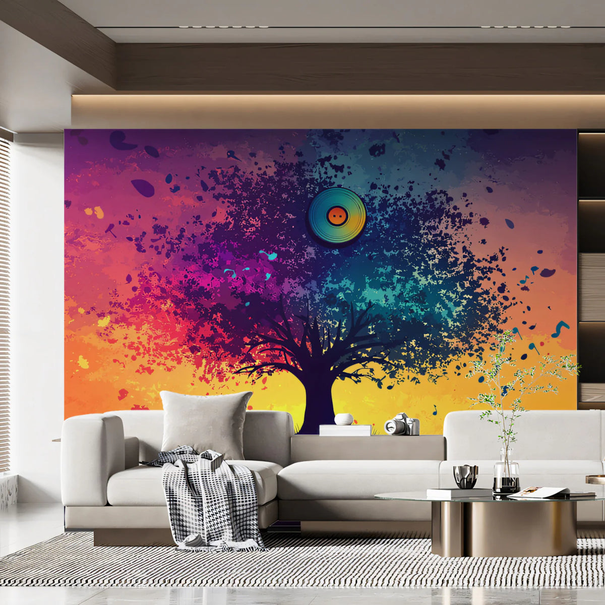 Vinyl Record Tree Mural Wallpaper — Vibrant Abstract Art Mural Wallpaper - pure wallpaper artwork