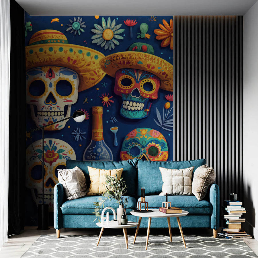 Day of the Dead Calavera Mural Wallpaper — Whimsical Celebration Mural Wallpaper