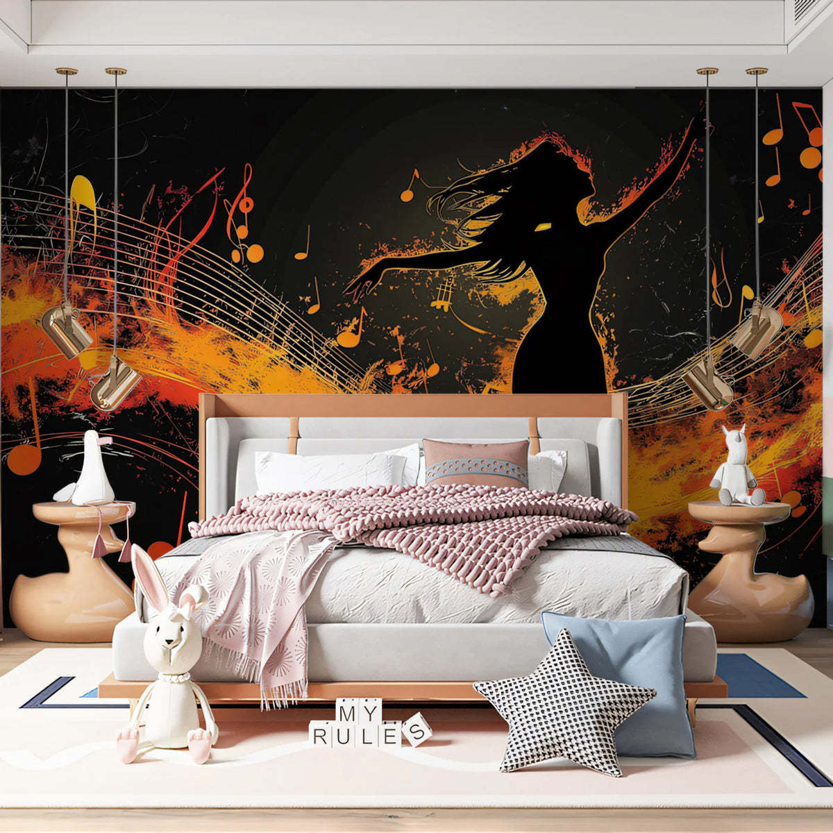 Fiery Dancer Music Waves Mural Wallpaper — Bold Contemporary Art Mural Wallpaper - pure wallpaper artwork