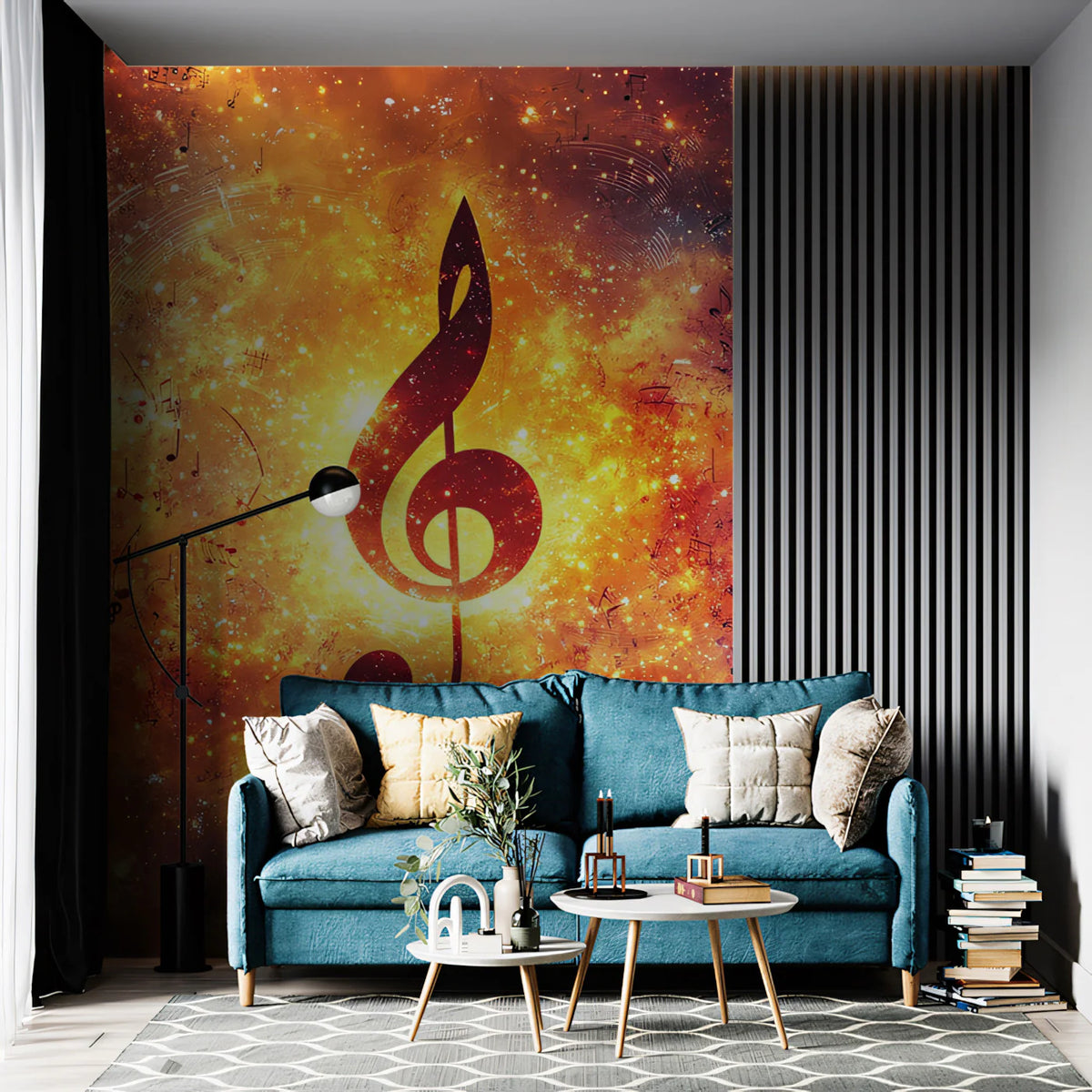 Fiery Treble Clef Mural Wallpaper — Cosmic Musical Design Mural Wallpaper - pure wallpaper artwork