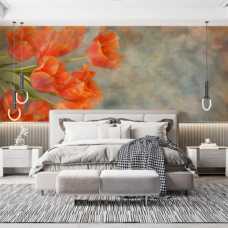 Vibrant Orange Tulip Floral Mural Wallpaper — Artistic Oil Style Mural Wallpaper