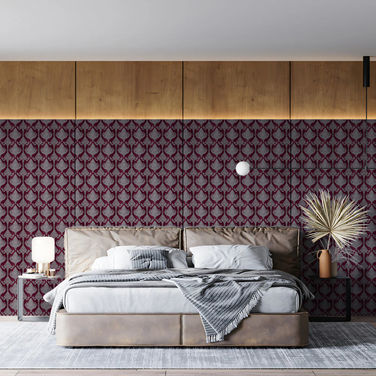 Burgundy Damask Mural Wallpaper — Rich Traditional Pattern Mural Wallpaper - pure wallpaper artwork