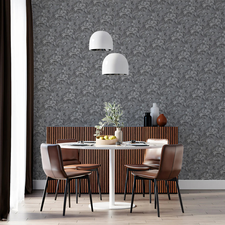 Monochrome Baroque Scrollwork Mural Wallpaper — Ornate Gray Detail Mural Wallpaper