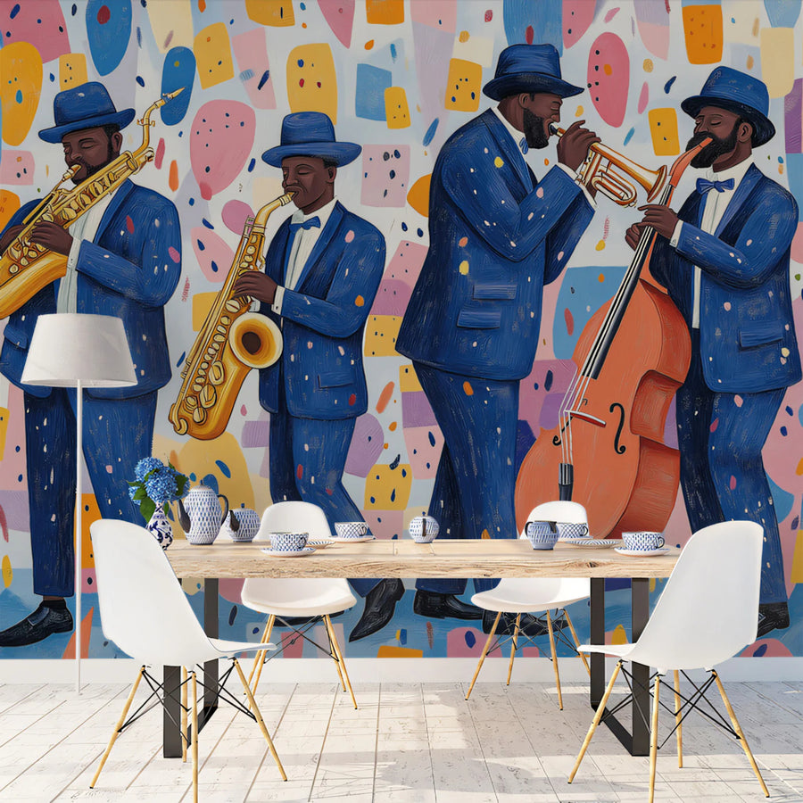 Jazz Musician Trio Mural Wallpaper — Vibrant Artistic Wall Decor Mural Wallpaper