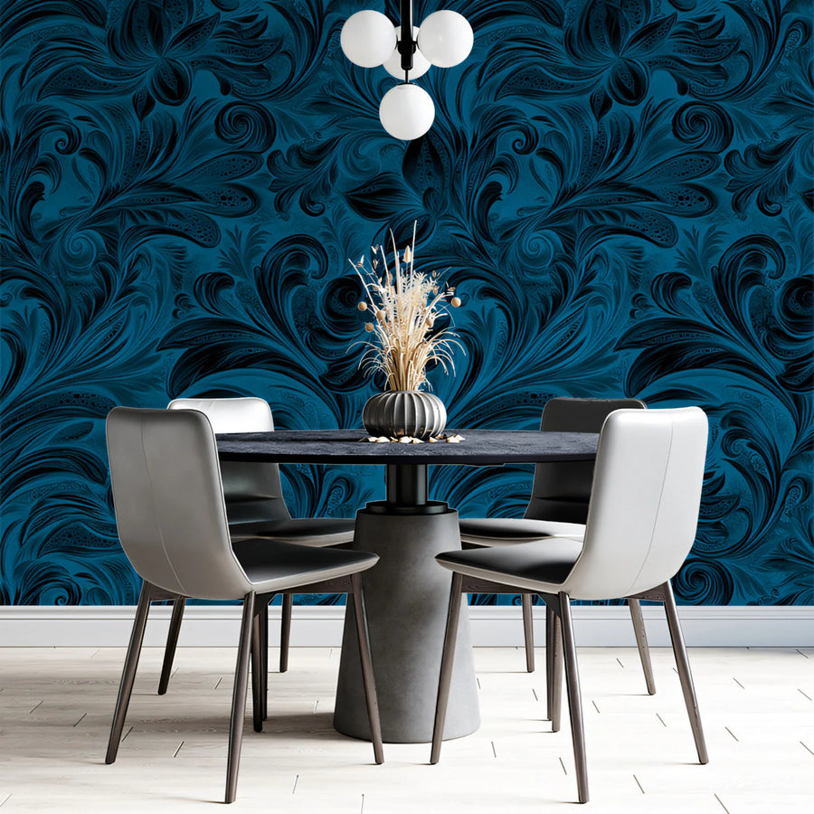 Deep Teal Floral Scroll Mural Wallpaper — Ornate Baroque Style Mural Wallpaper