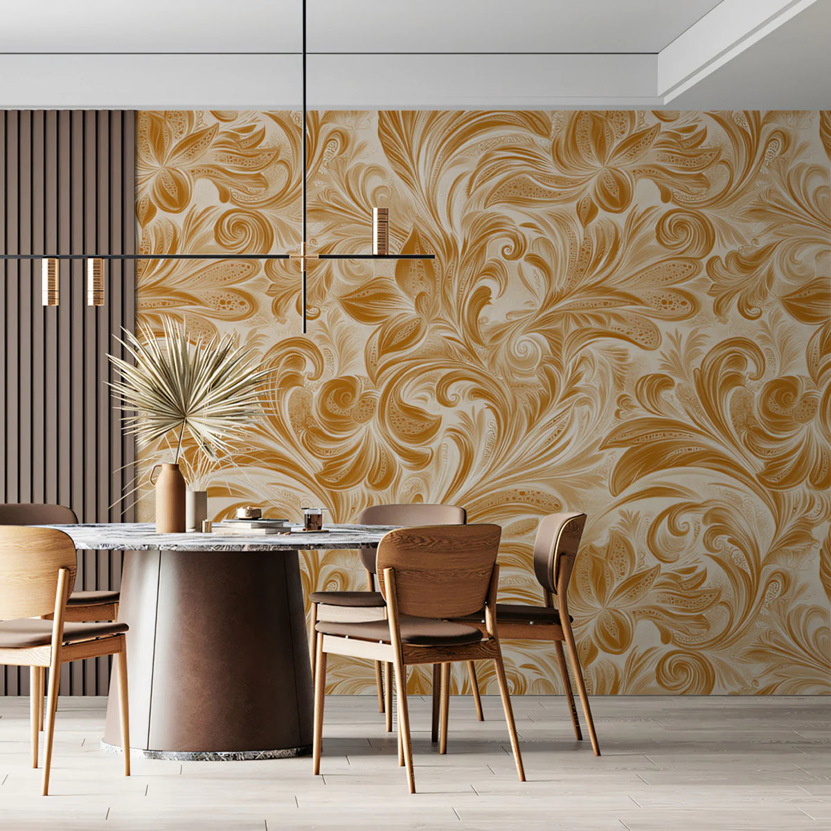 Golden Floral Scroll Mural Wallpaper — Traditional Ochre Design Mural Wallpaper - pure wallpaper artwork