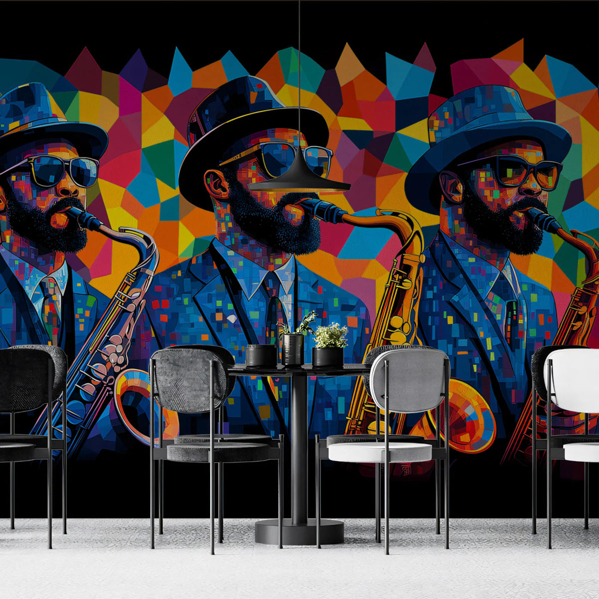 Jazz Saxophone Mural Wallpaper — Vibrant Geometric Music Art Mural Wallpaper - pure wallpaper artwork