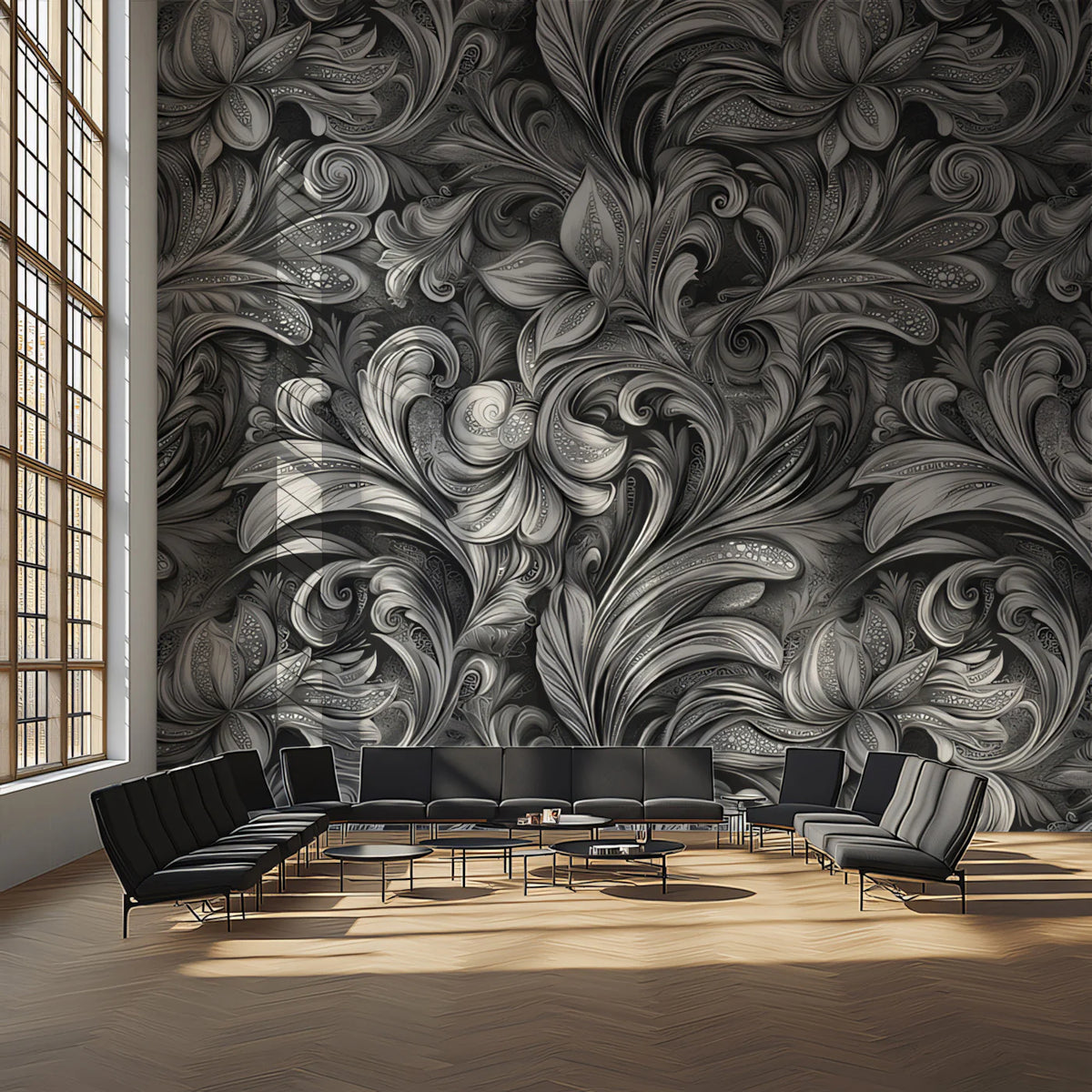 Sculpted Monochromatic Floral Mural Wallpaper — Engraved Artistry Mural Wallpaper - pure wallpaper artwork