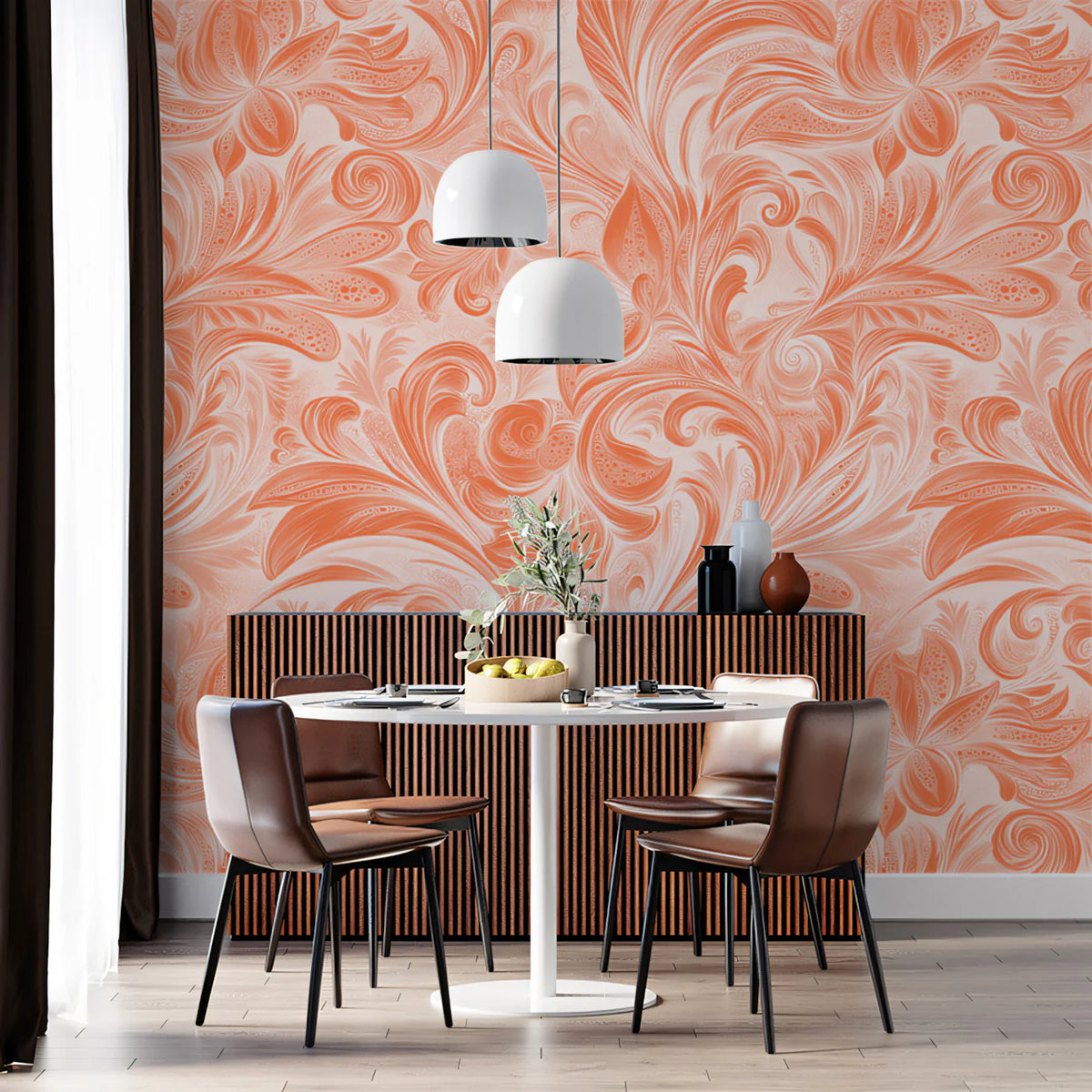 Peach Floral Scroll Mural Wallpaper — Soft Romantic Motif Mural Wallpaper - pure wallpaper artwork