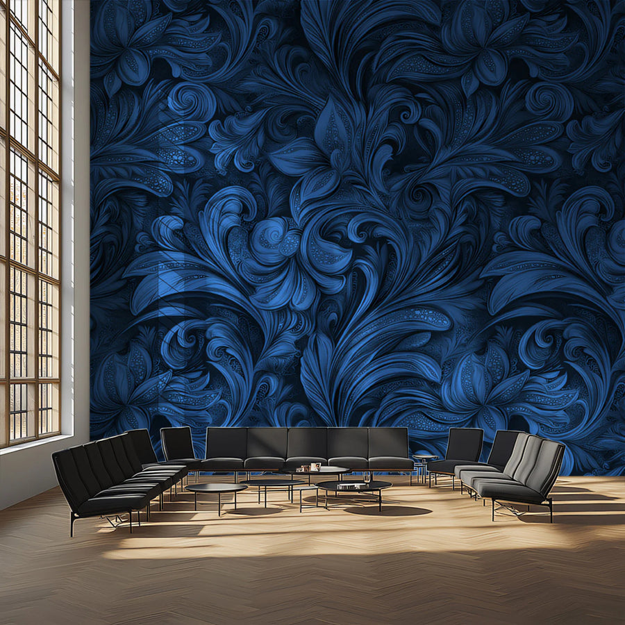 Midnight Navy Floral Scroll Mural Wallpaper — Opulent Baroque Design Mural Wallpaper
