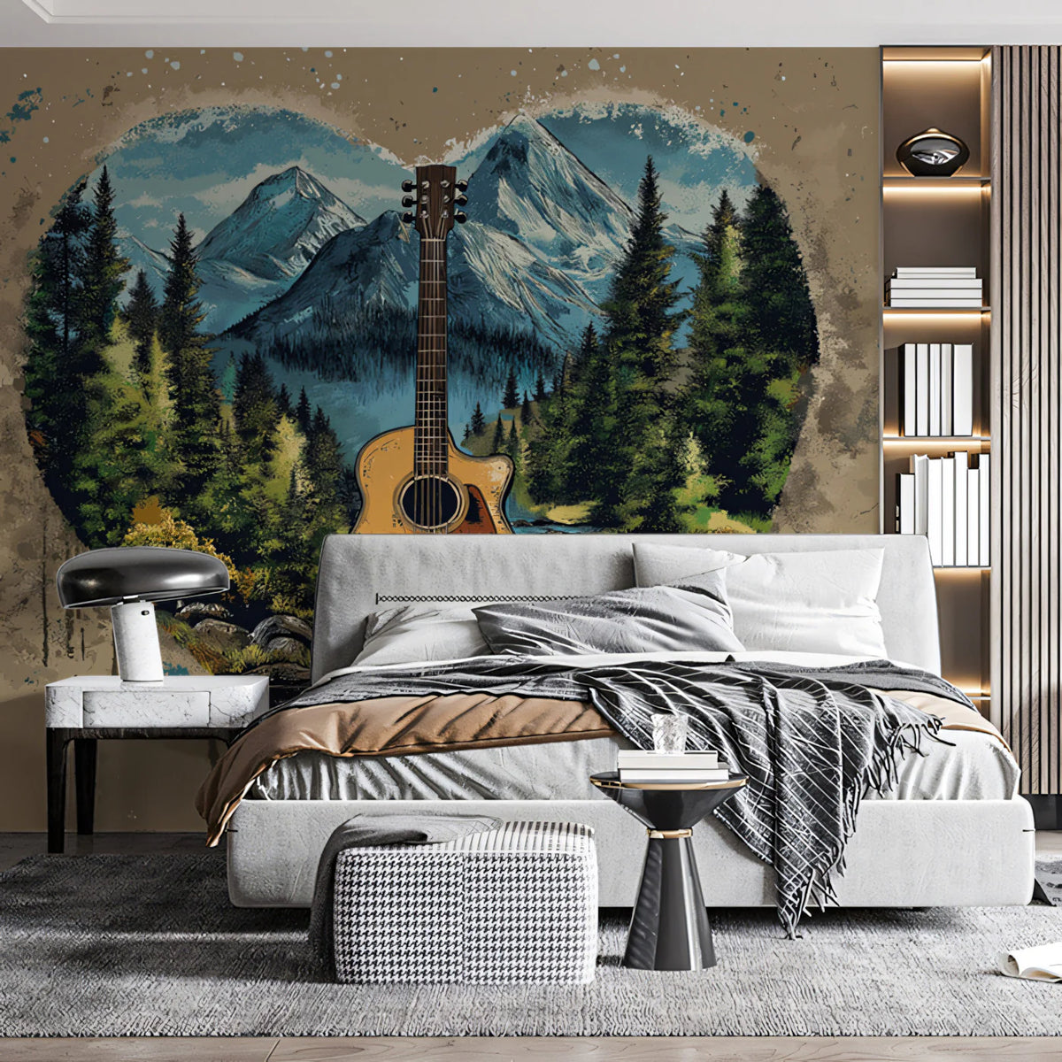 Acoustic Guitar Mountain Heart Mural Wallpaper — Artistic Wilderness Mural Wallpaper - pure wallpaper artwork
