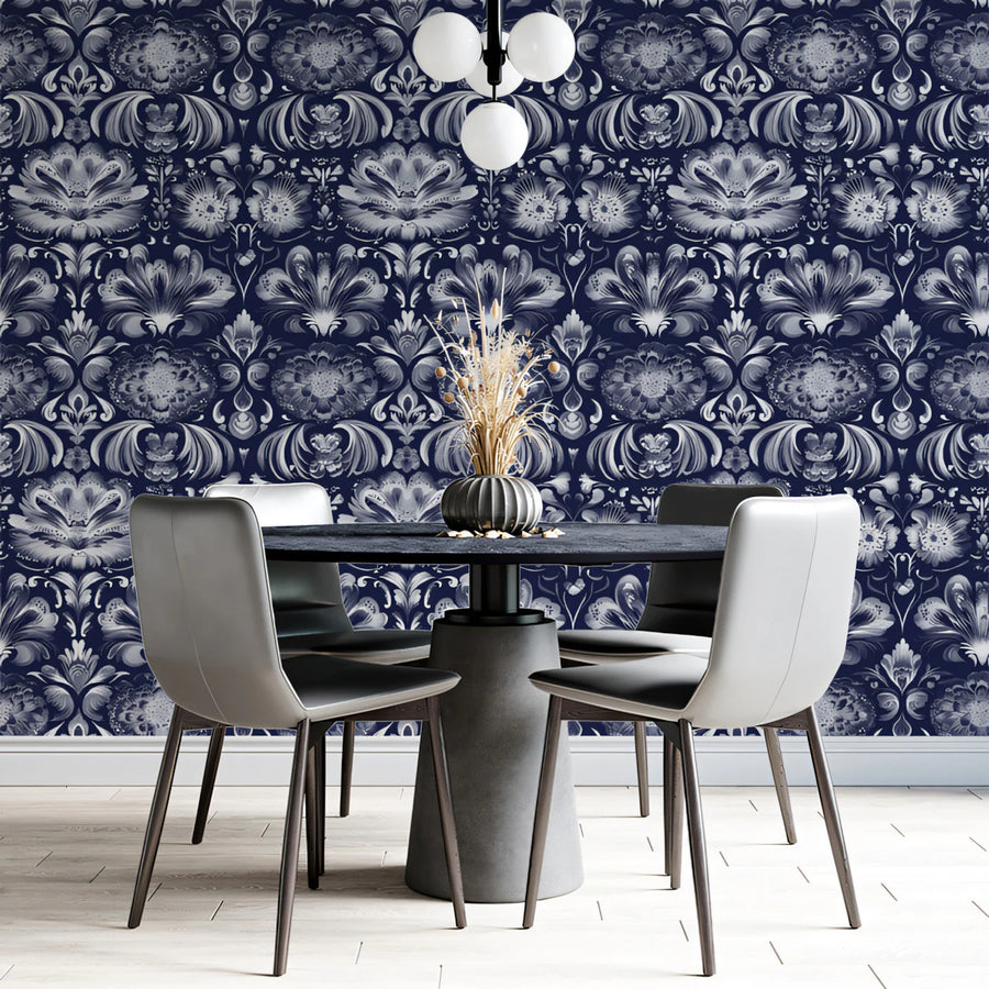 Midnight Navy Ornate Floral Damask Mural Wallpaper
