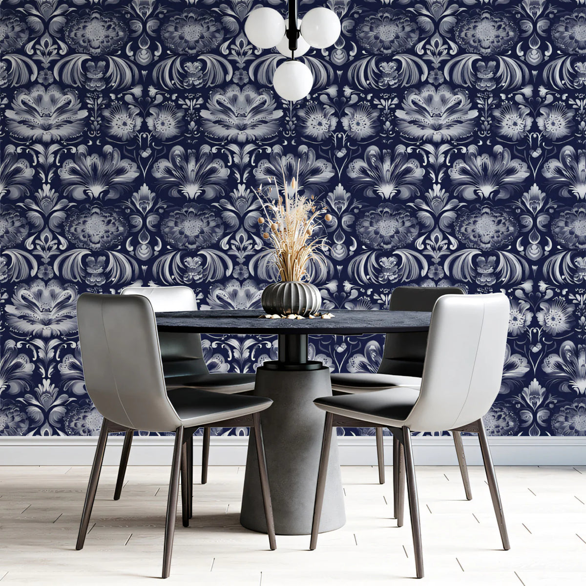 Midnight Navy Ornate Floral Damask Mural Wallpaper - pure wallpaper artwork