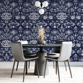 Midnight Navy Ornate Floral Damask Mural Wallpaper - pure wallpaper artwork