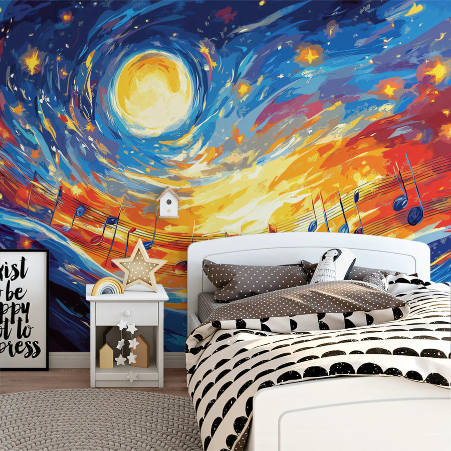 Starry Musical Melody Mural Wallpaper — Fluid Artistic Design Mural Wallpaper