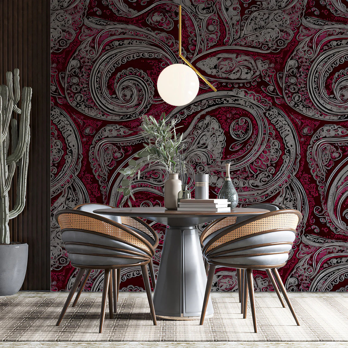 Ornate Burgundy Paisley Mural Wallpaper — Bold Traditional Style Mural Wallpaper - pure wallpaper artwork