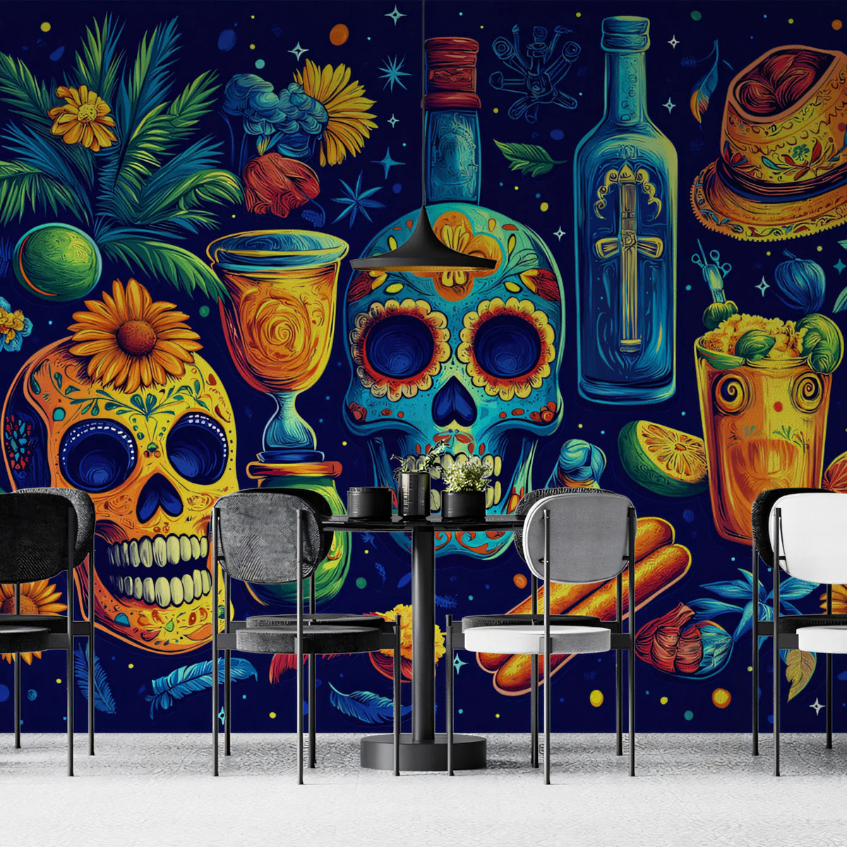 Dia de los Muertos Sugar Skull Mural Wallpaper — Festive Folk Art Mural Wallpaper - pure wallpaper artwork