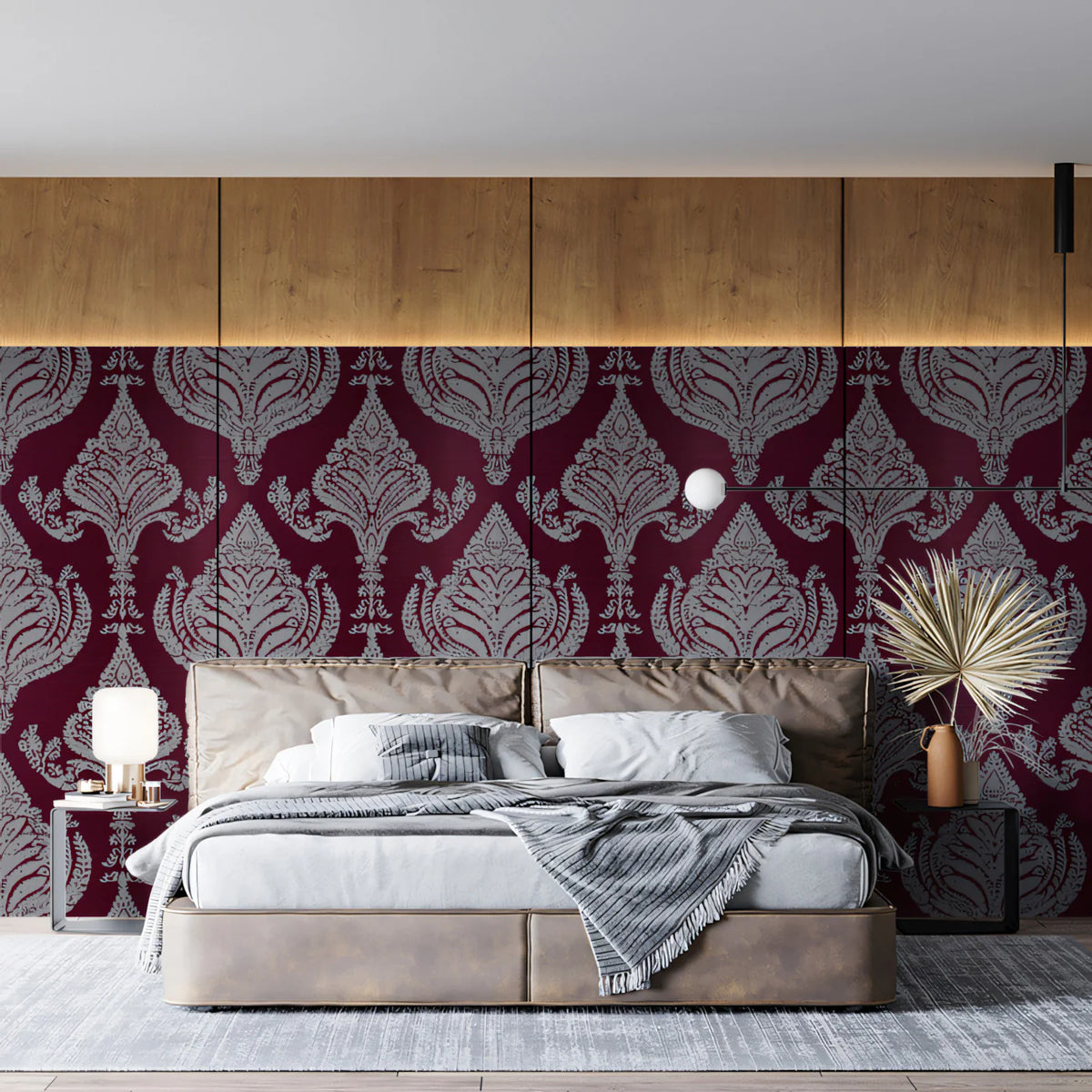 Burgundy and Silver Damask Mural Wallpaper — Regal Motif Mural Wallpaper - pure wallpaper artwork
