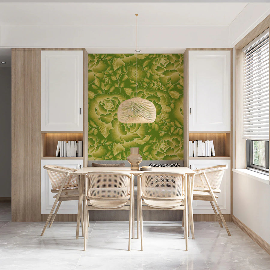 Luminous Lime Peony Bloom Mural Wallpaper — Vibrant Botanical Mural Wallpaper