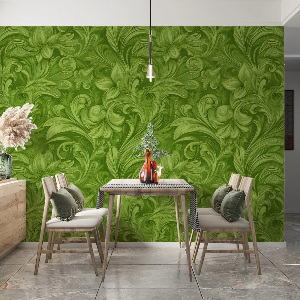 Vibrant Lime Scrollwork Mural Wallpaper — Lush Botanical Art Mural Wallpaper - pure wallpaper artwork