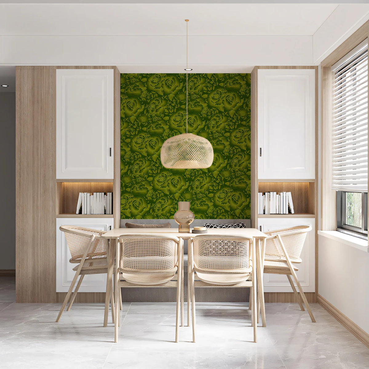 Lime Green Peony Floral Mural Wallpaper — Dense Botanical Pattern Mural Wallpaper - pure wallpaper artwork