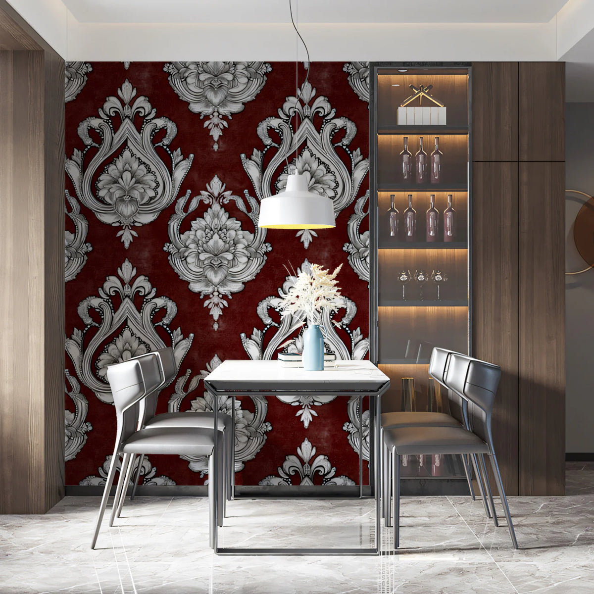 Baroque Medallion Mural Wallpaper in Deep Burgundy and Silver Mural Wallpaper - pure wallpaper artwork