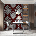 Baroque Medallion Mural Wallpaper in Deep Burgundy and Silver Mural Wallpaper - pure wallpaper artwork