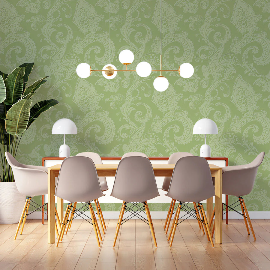 Vintage Paisley Bloom Mural Wallpaper — Sage Green Botanical Mural Wallpaper
