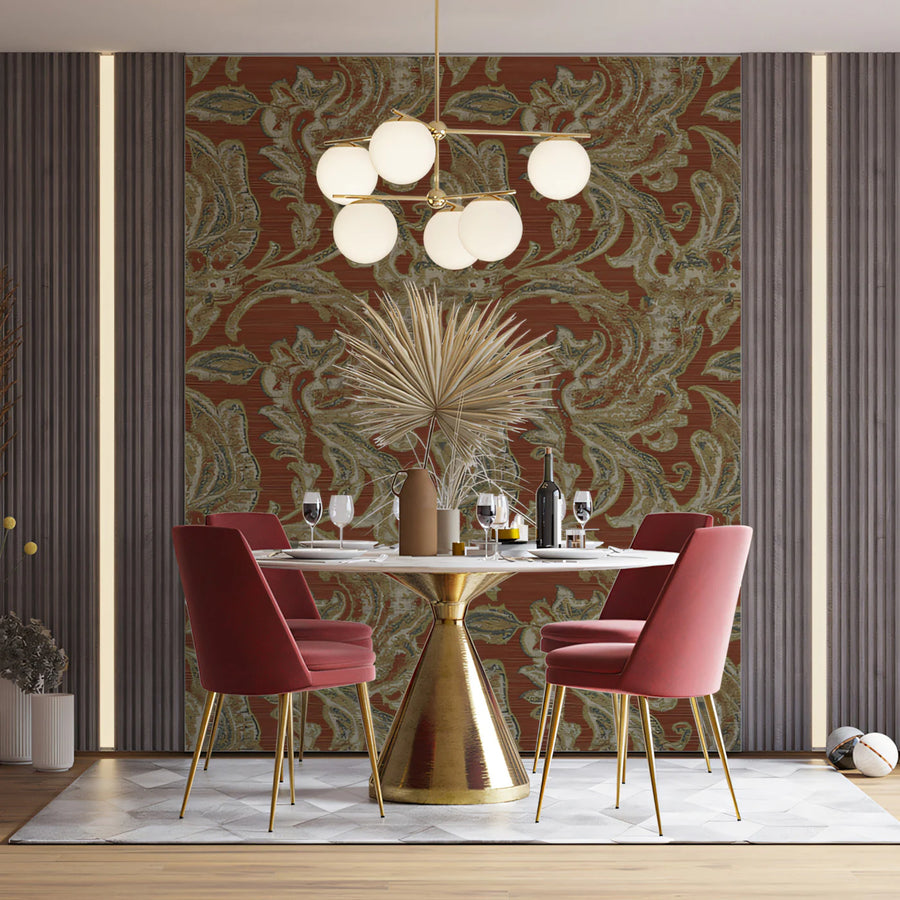 Burnt Orange Damask Weave Mural Wallpaper — Traditional Textile Motif Mural Wallpaper
