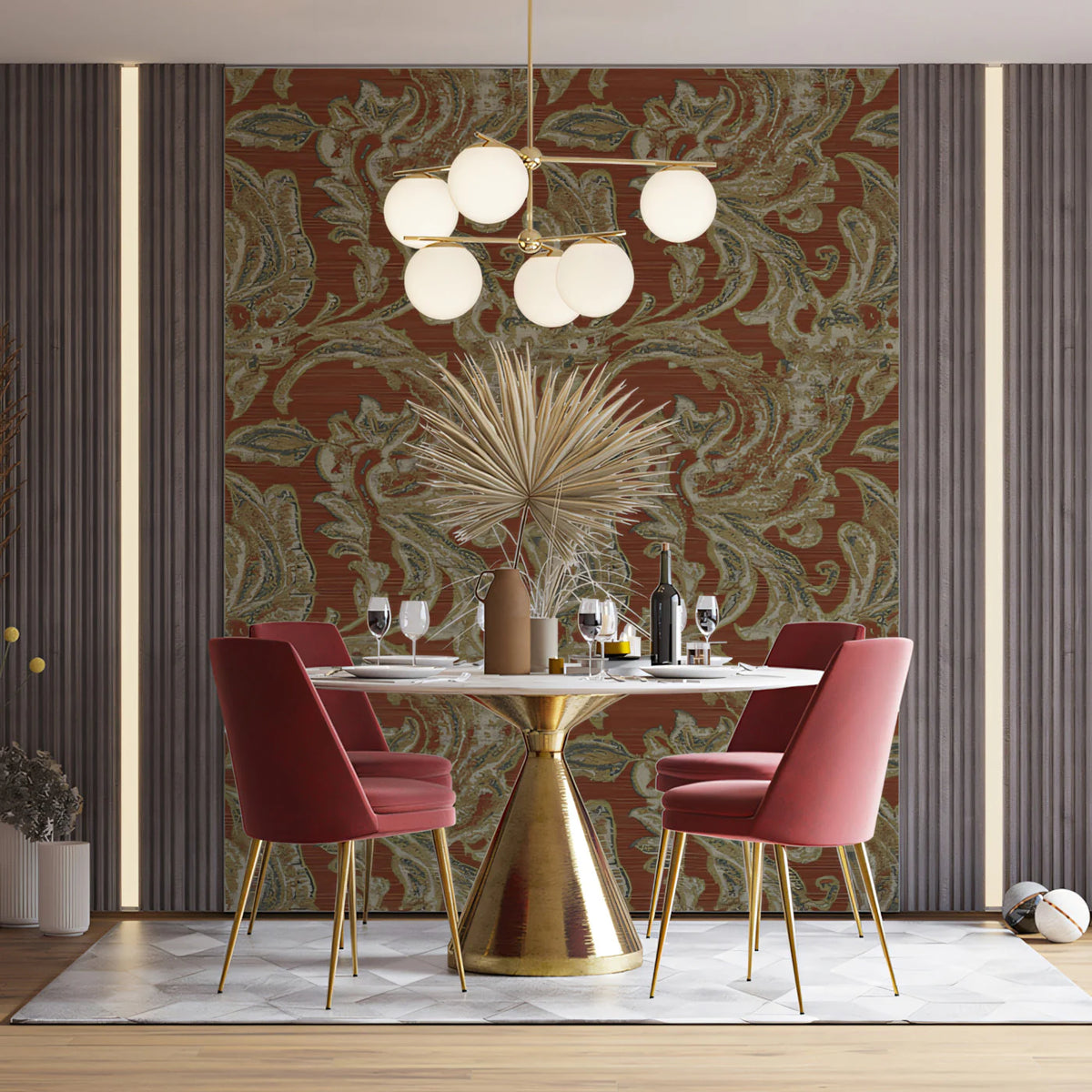 Burnt Orange Damask Weave Mural Wallpaper — Traditional Textile Motif Mural Wallpaper - pure wallpaper artwork