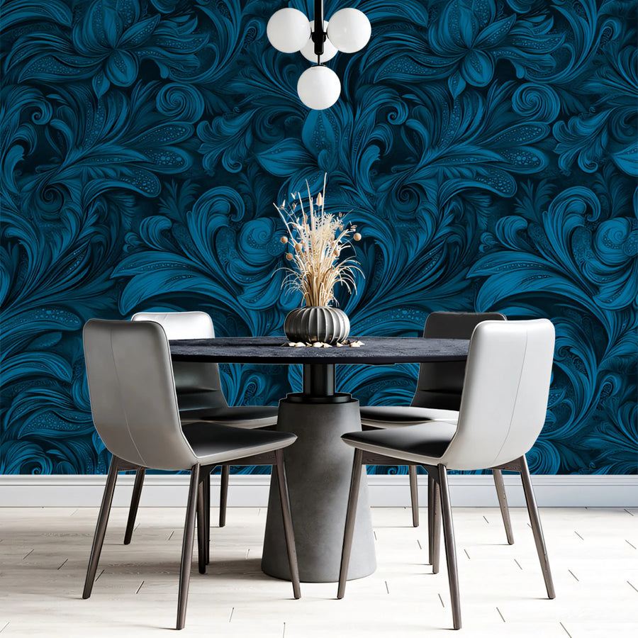 Deep Teal Ornate Scrollwork Mural Wallpaper — Baroque Pattern Mural Wallpaper
