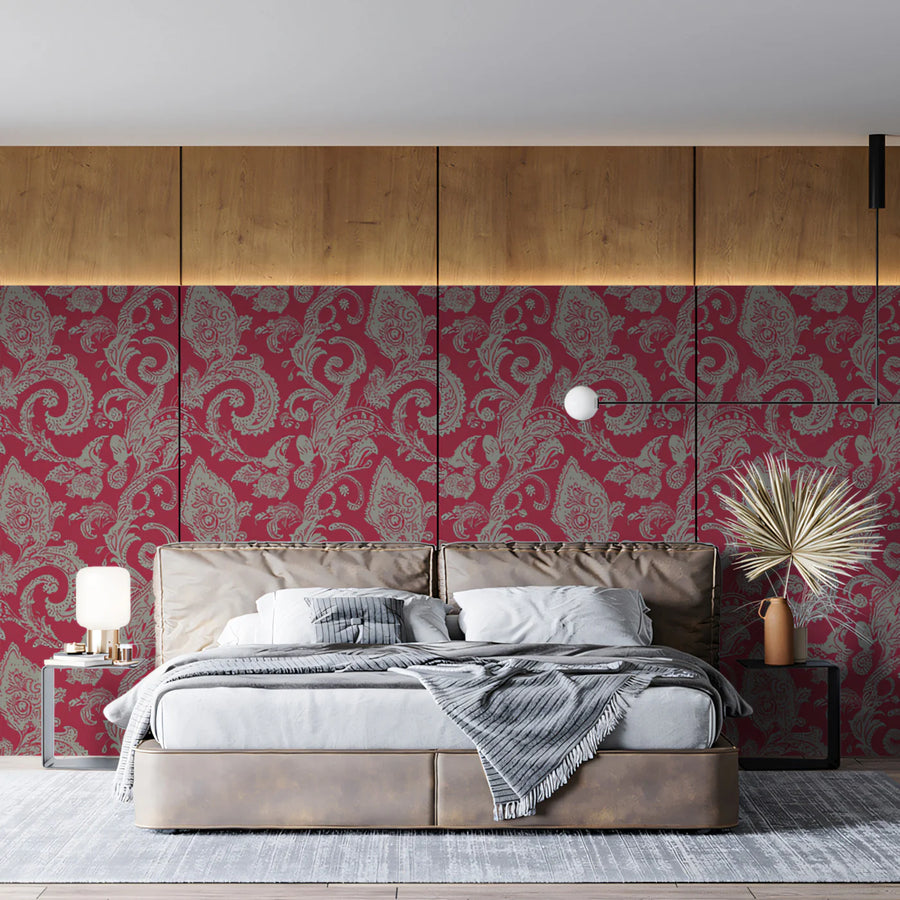 Classic Paisley Mural Wallpaper in Deep Magenta and Gray Mural Wallpaper
