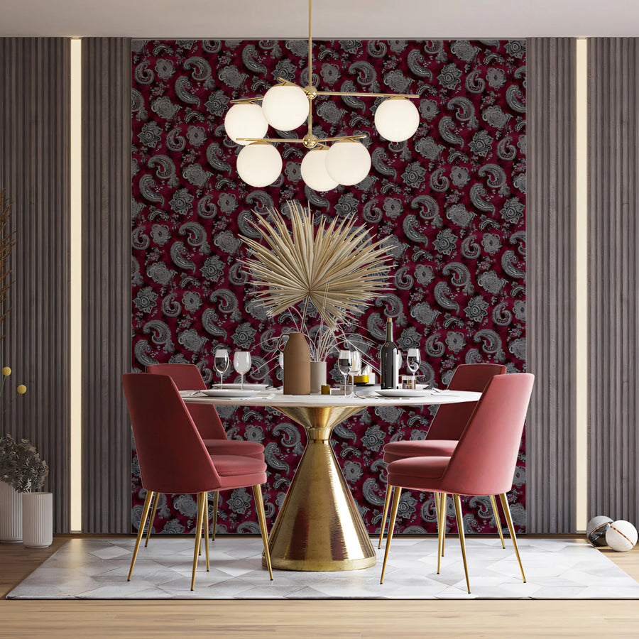 Intricate Paisley Tapestry Mural Wallpaper — Rich Burgundy Silver Mural Wallpaper