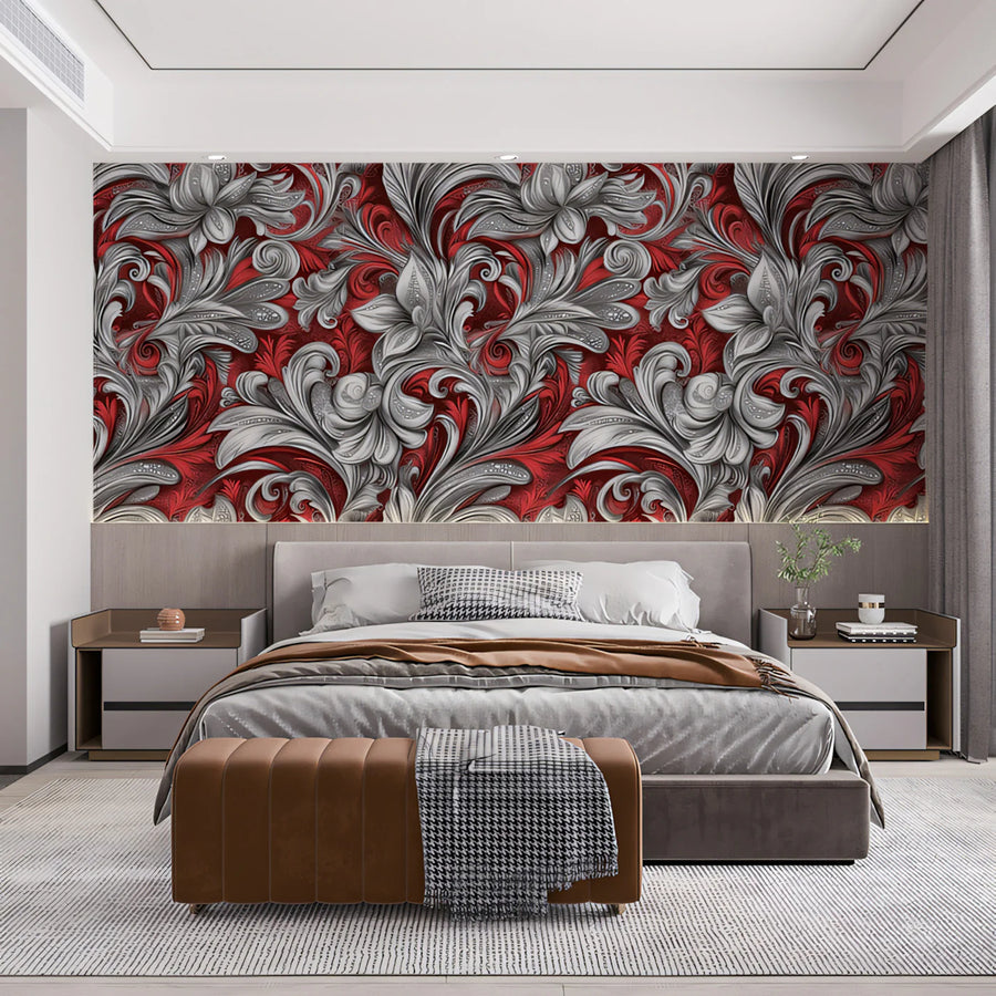 Scarlet Scrollwork Mural Wallpaper — Baroque Floral Grandeur Mural Wallpaper