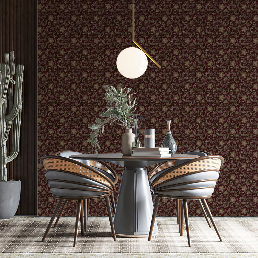 Batik Paisley Floral Mural Wallpaper — Traditional Burgundy Print Mural Wallpaper
