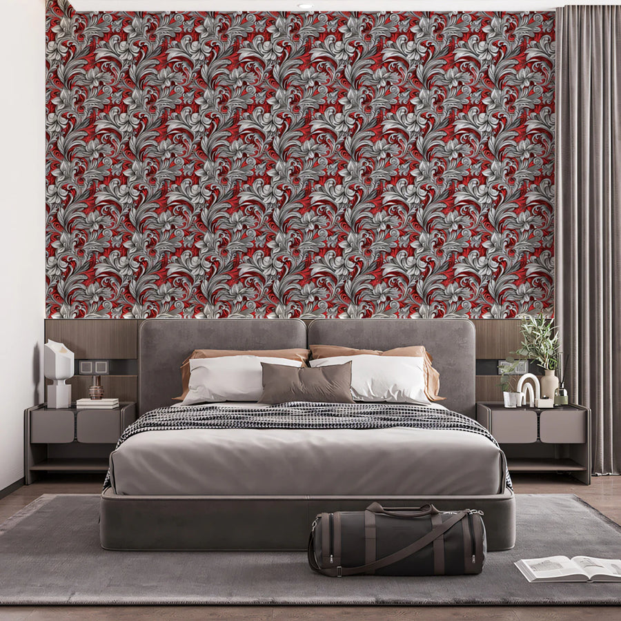 Baroque Scrollwork Mural Wallpaper — Rich Crimson and Silver Mural Wallpaper