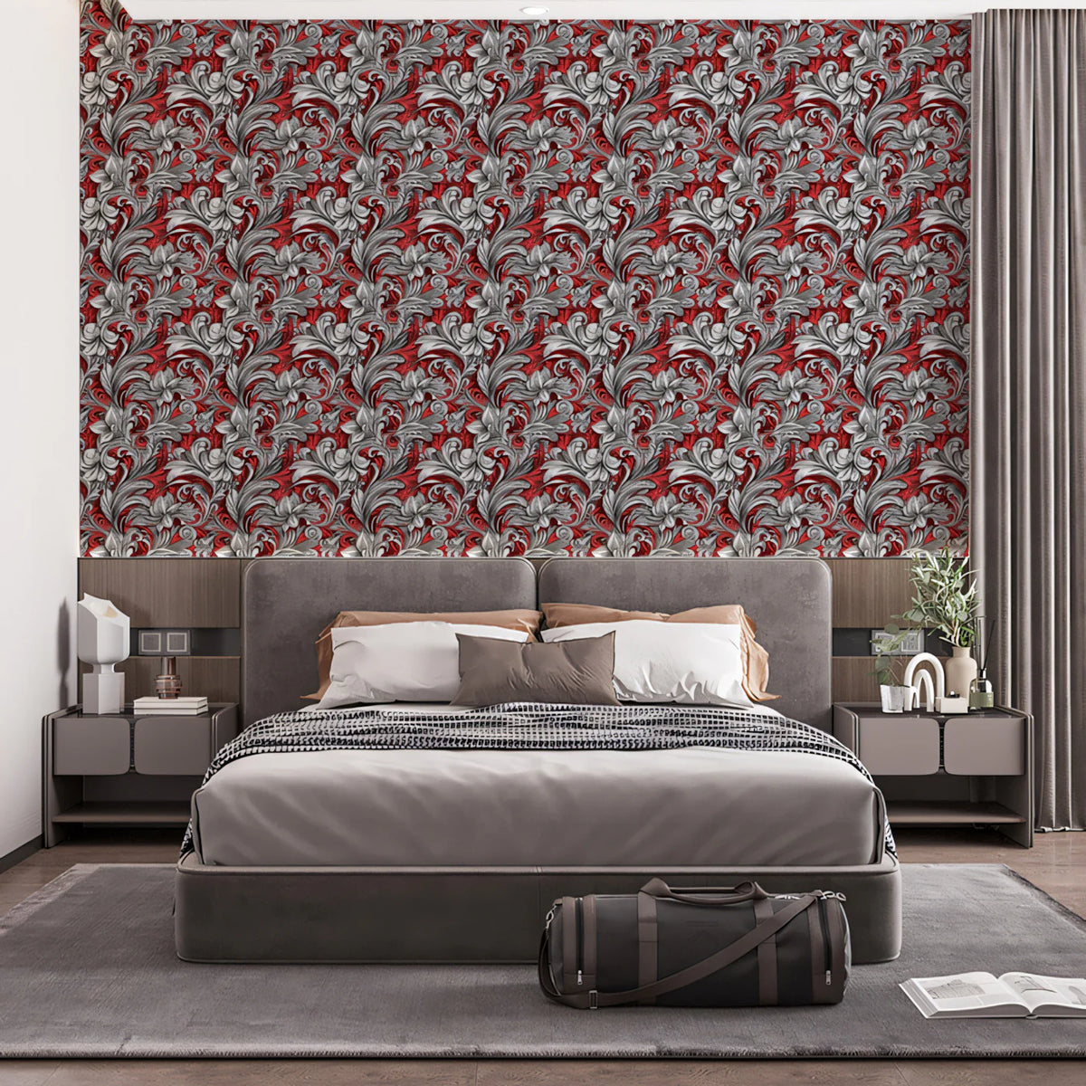 Baroque Scrollwork Mural Wallpaper — Rich Crimson and Silver Mural Wallpaper - pure wallpaper artwork