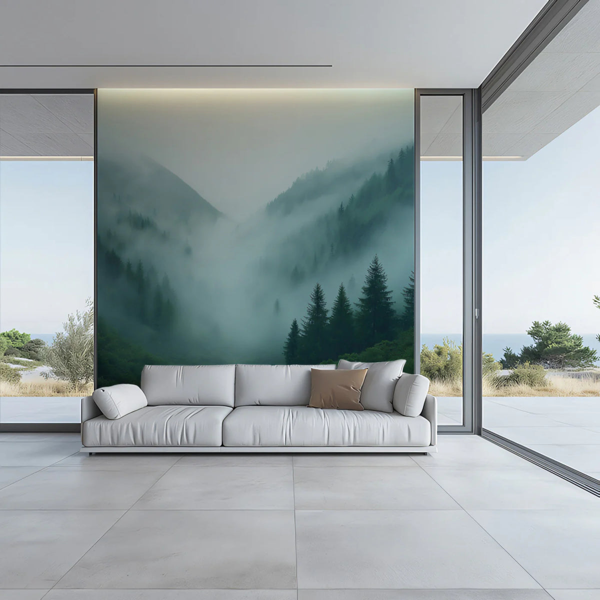 Misty Mountain Valley Mural Wallpaper — Ethereal Forest Landscape Mural Wallpaper - pure wallpaper artwork