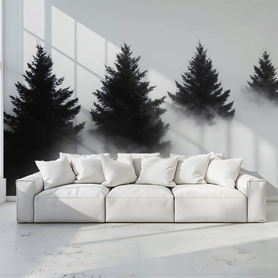 Mist-Covered Pine Forest Mural Wallpaper — Minimalist Monochrome Mural Wallpaper