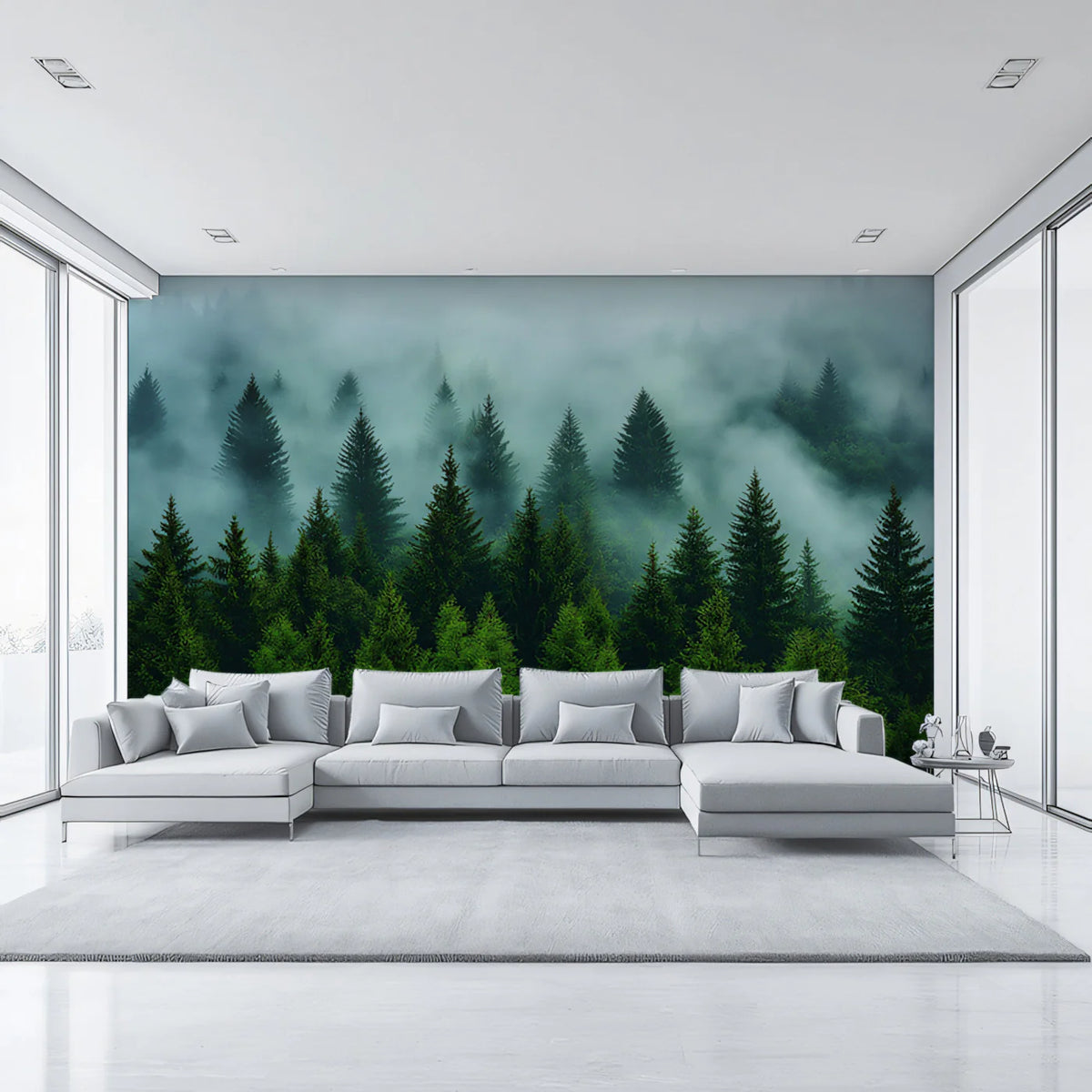 Mist-Covered Pine Forest Mural Wallpaper in Deep Green Mural Wallpaper - pure wallpaper artwork