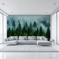 Mist-Covered Pine Forest Mural Wallpaper in Deep Green Mural Wallpaper - pure wallpaper artwork