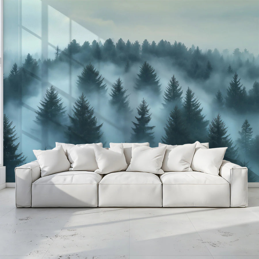 Mist-Covered Pine Forest Mural Wallpaper — Moody Nature Design Mural Wallpaper