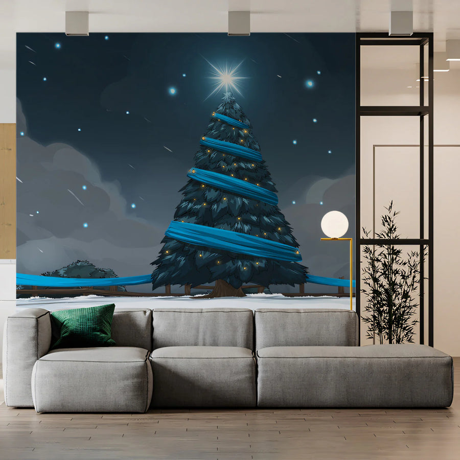 Starry Winter Night Mural Wallpaper — Graphic Holiday Scene Mural Wallpaper