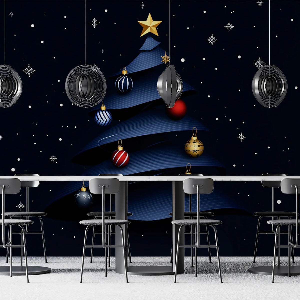 Minimalist Ribbon Christmas Tree Mural Wallpaper in Navy Mural Wallpaper - pure wallpaper artwork