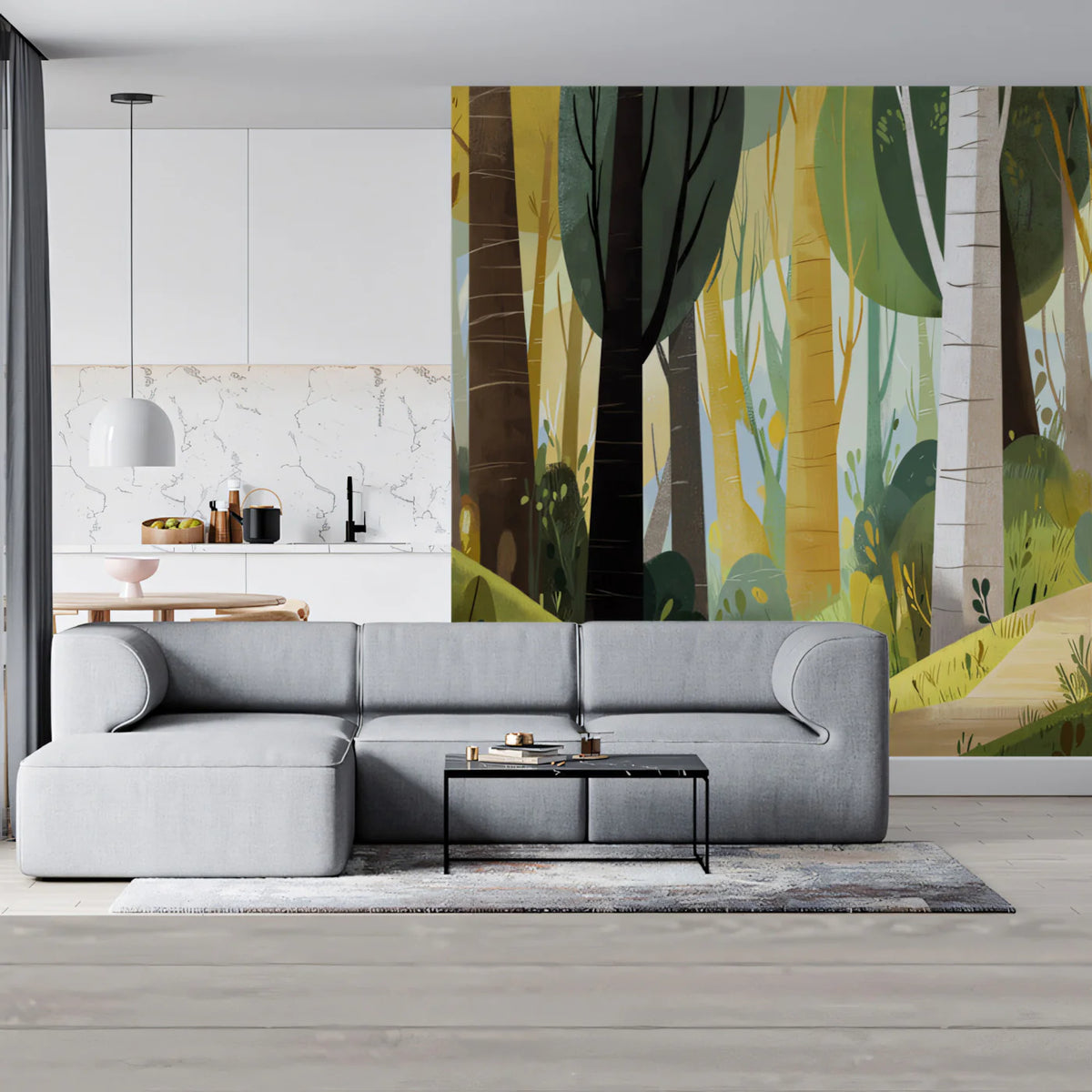 Storybook Woodland Mural Wallpaper in Olive and Ochre Mural Wallpaper - pure wallpaper artwork