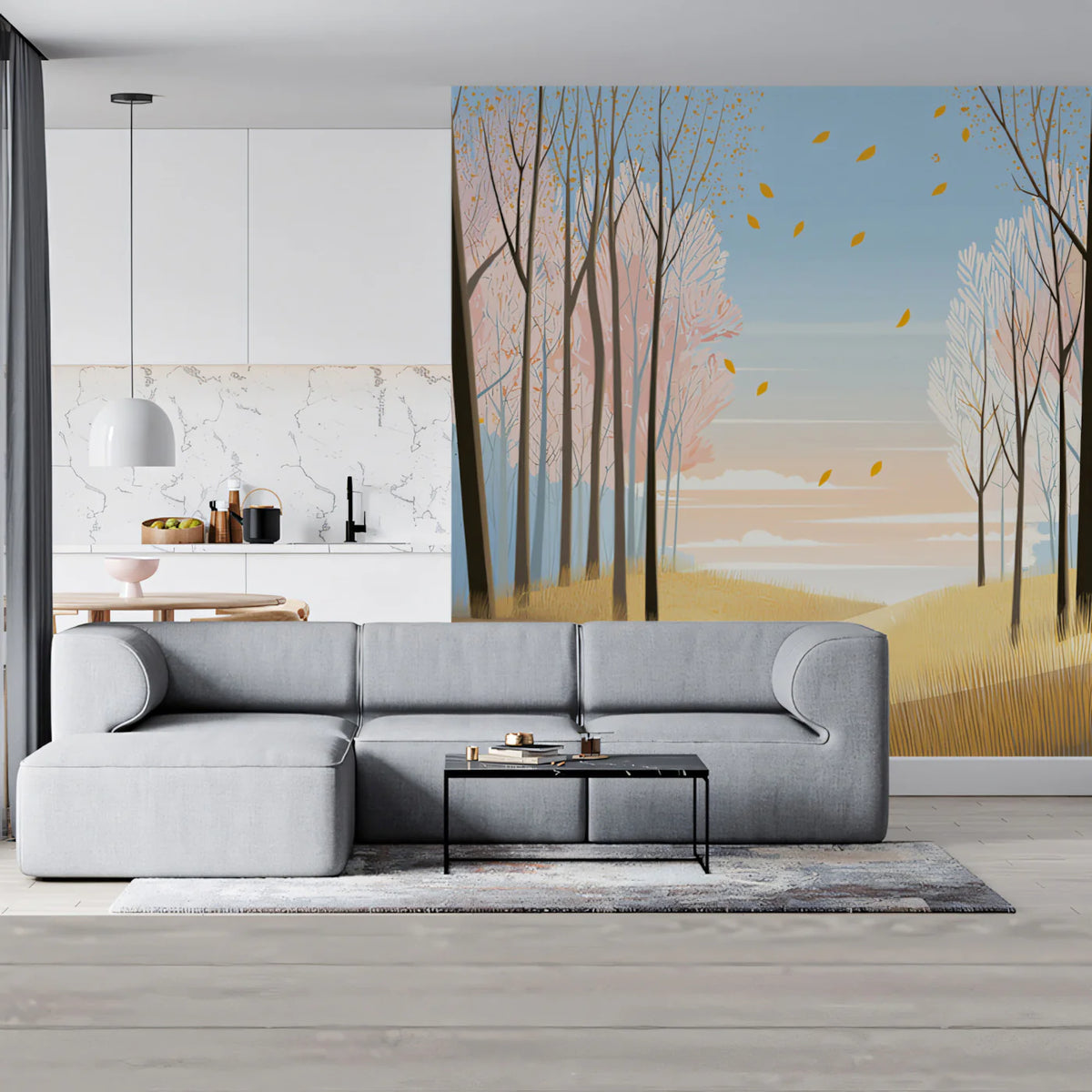 Autumn Woodland Path Mural Wallpaper — Soft Seasonal Grove Mural Wallpaper - pure wallpaper artwork