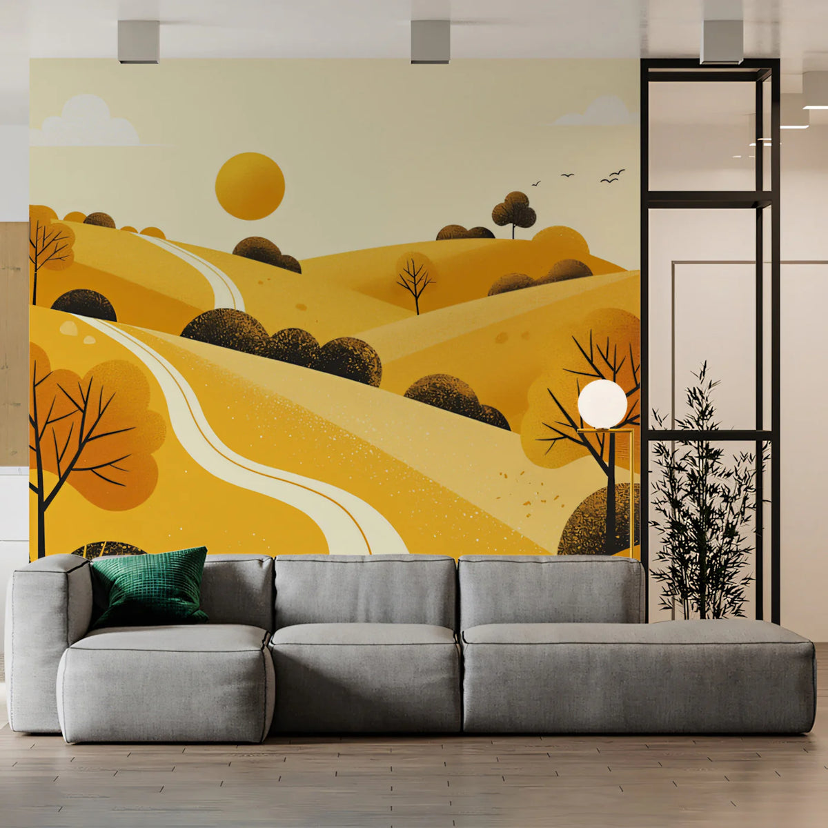Golden Hillside Path Mural Wallpaper — Warm Minimalist Landscape Mural Wallpaper - pure wallpaper artwork