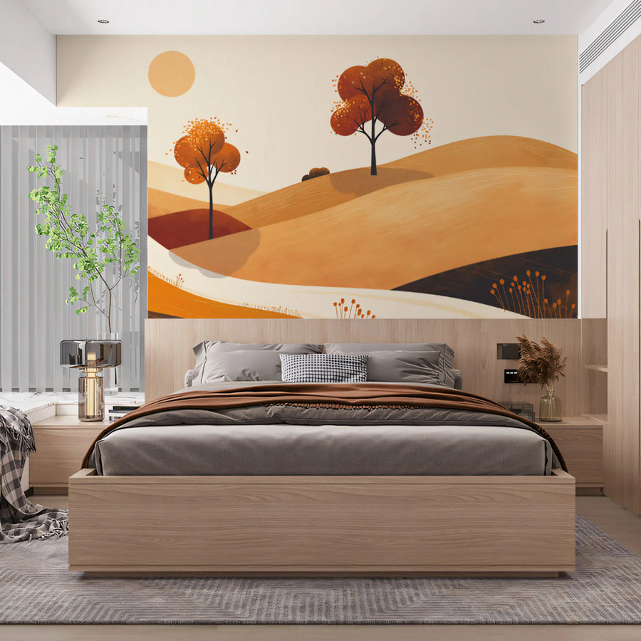 Sun-Baked Hillside Mural Wallpaper — Warm Autumn Landscape Mural Wallpaper