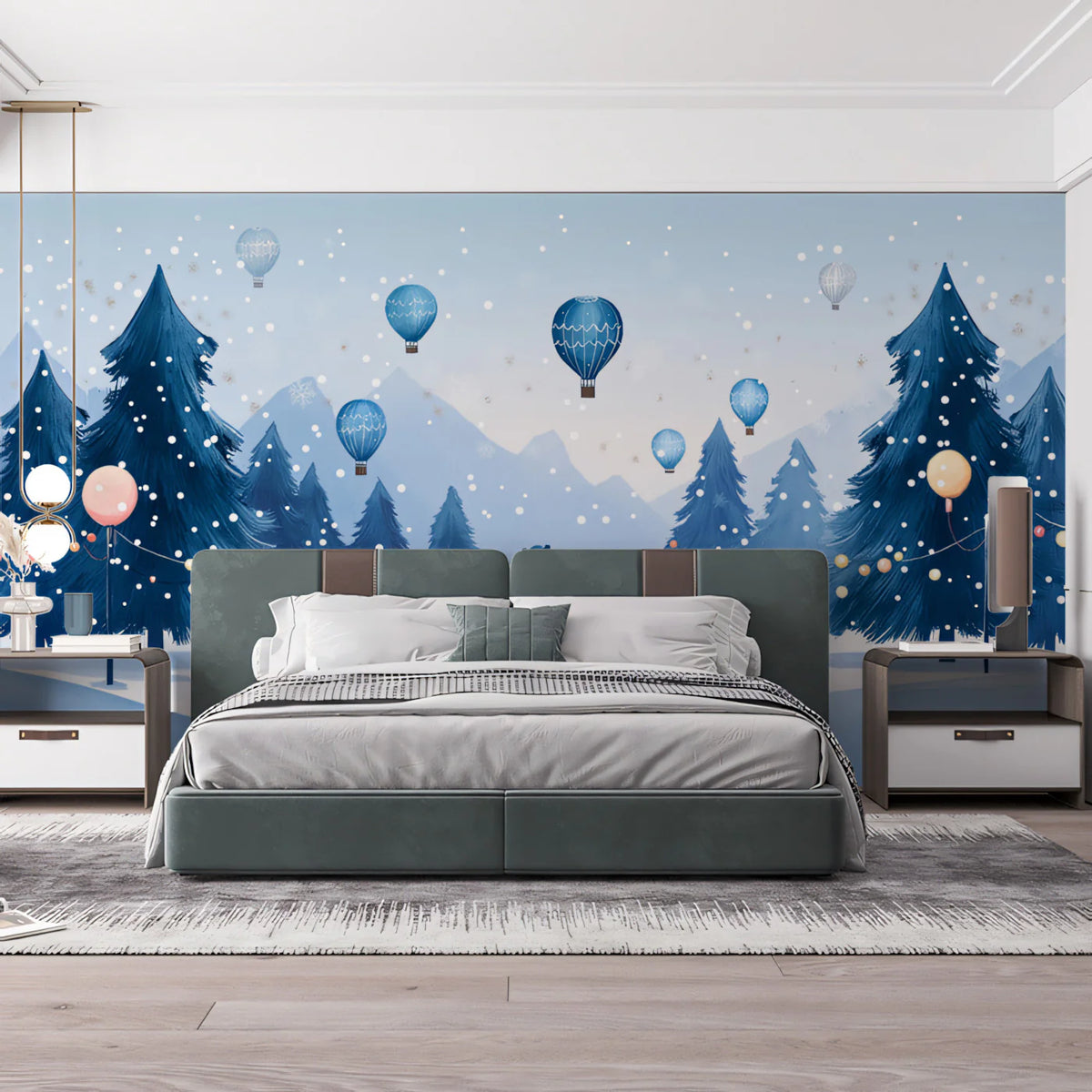 Winter Balloon Voyage Mural Wallpaper — Whimsical Snowy Scene Mural Wallpaper - pure wallpaper artwork
