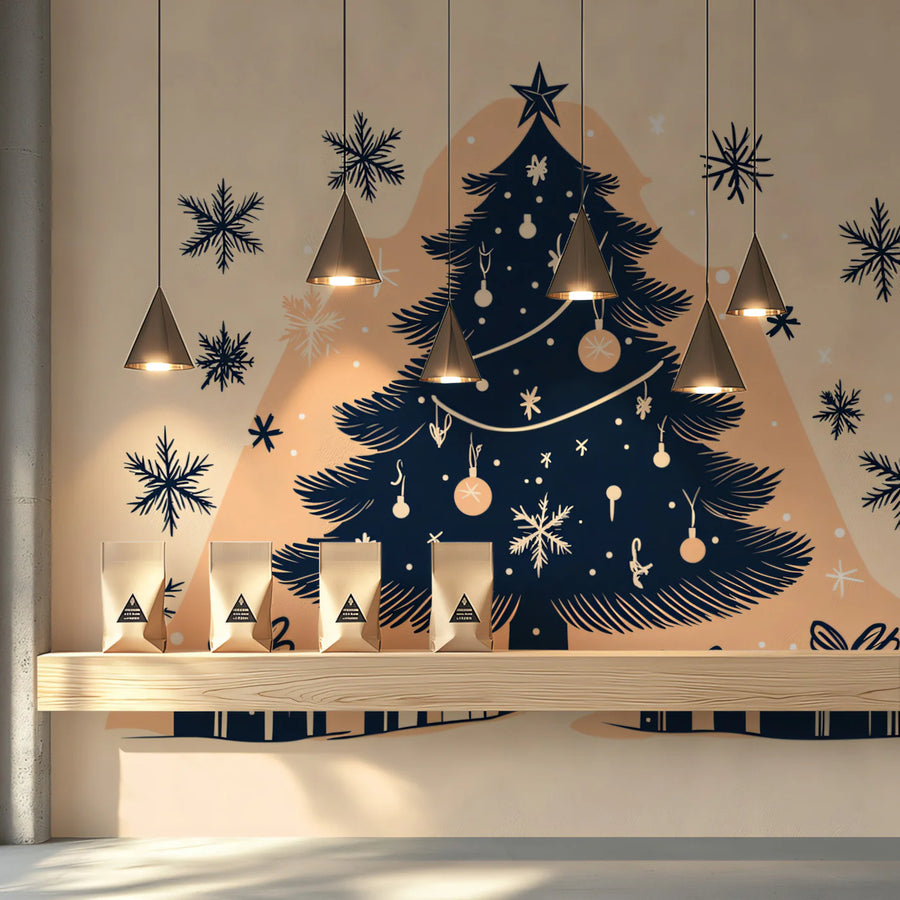 Minimalist Christmas Tree Mural Wallpaper — Festive Navy and Peach Mural Wallpaper